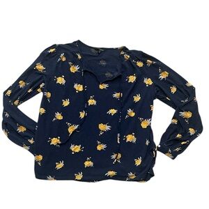 Women's Lucky Brand Blouse L Navy Yellow Floral Long Sleeve